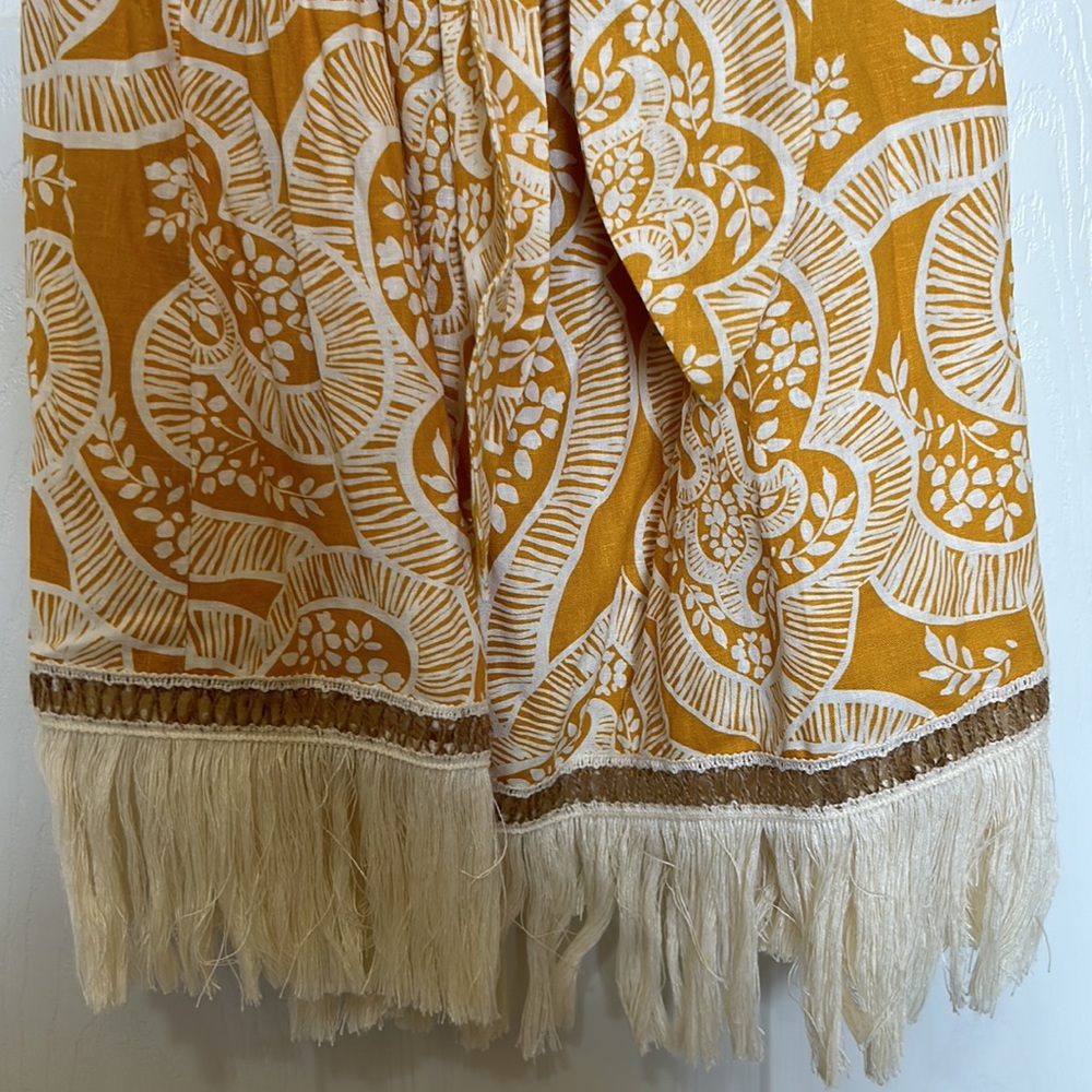 Off-Shoulder Yellow Paisley Midi Dress with Fringe - Picture 7 of 13